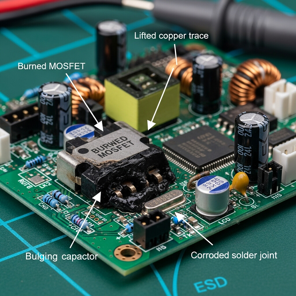 electric scooter controller internal damage burned MOSFET circuit board inspection