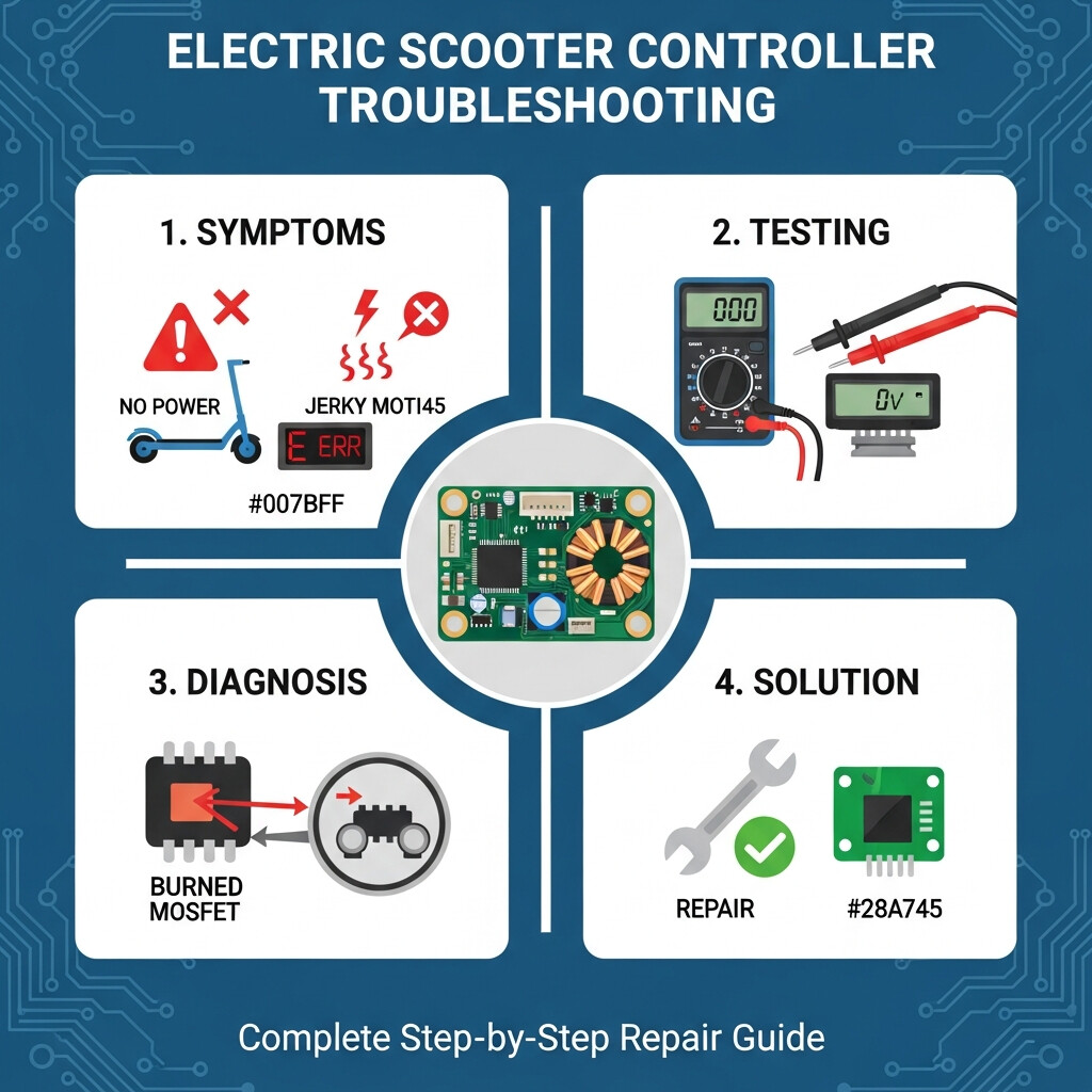 electric scooter controller failure symptoms diagram: no power, jerking, whining noise